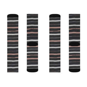 Striped Sublimation Socks — Black, Gray & Rose Crew Socks