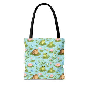 Frog Pond Pattern Tote Bag — Cute Lily Pad Frog All-Over Print Tote