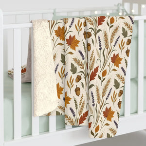 Rust, gold and sage leaves and wheat printed on a DipaliZ sherpa throw