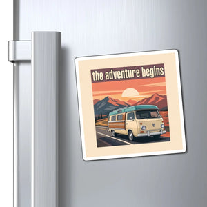 Adventure Begins Van Magnet — Retro Road Trip Camper Fridge Magnet