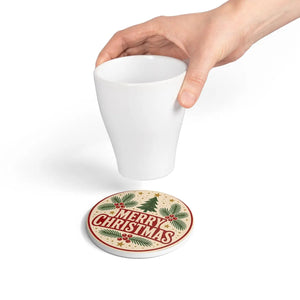 Merry Christmas Ceramic Coaster — Retro Holiday Pine & Holly Drink Protector
