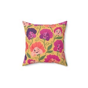 Floral Pansy Face Decorative Pillow — Cheerful Yellow Botanical Throw Pillow