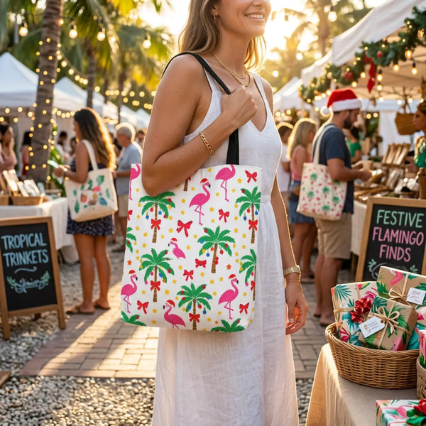 Tote Bag — Tropical Flamingo Palm Print Beach Tote