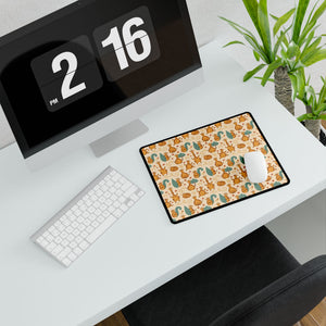 Cute Orange Cat Pattern Desk Mat — Large Playful Mouse & Floral Gaming/Office Desk Pad