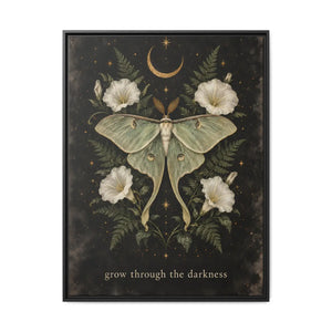 Framed canvas wall art luna moth “grow through the darkness” botanical decor - printable