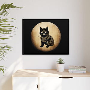 Japanese Samurai Cat Tattoo, Kawaii Ninja Cat in a vintage look, Matte Canvas, Black Frame