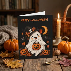 Halloween greeting card – cute ghost witch hat & jack-o’-lantern design - cards