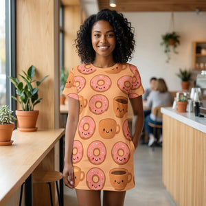 Cute donut and coffee t-shirt dress casual summer kawaii fashion gift for her loungewear - dresses