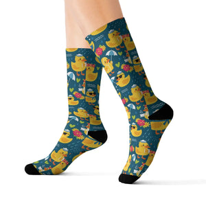 Rubber Duck Pattern Socks — Cute Yellow Duck Sublimation Crew Socks