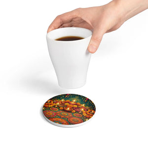 Diwali festival ceramic coaster – colorful rangoli and diya design - coasters