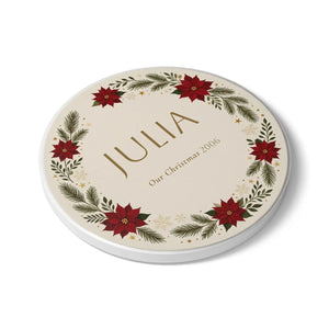 Personalized Poinsettia Christmas Ceramic Coaster — Custom Name & Date Holiday Drink Mat