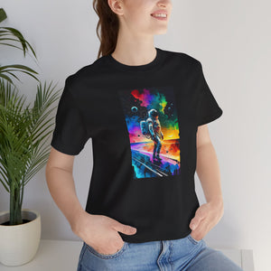 An astronaut in a vibrant background, Unisex Jersey Short Sleeve Tee