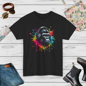 A Gorilla with a headphones with splashes of color, Unisex Heavy Cotton Tee
