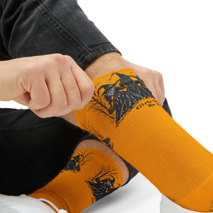 Witches Graphic Socks — Yellow Sublimation Crew Socks with “Girls will be girls” Design