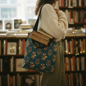 Evil Eye Floral Tote Bag – Boho Teal Printed Everyday Shopper