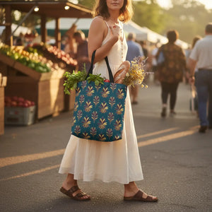 Evil Eye Floral Tote Bag – Boho Teal Printed Everyday Shopper