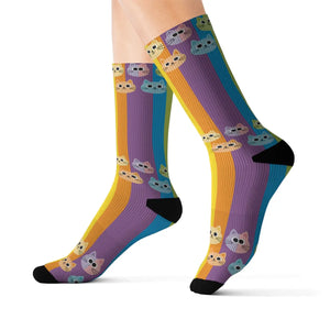 Rainbow Cat Socks - Colorful Sublimation Crew Socks with Cute Cat Faces