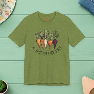 We Root for each other with root vegetables, Unisex Jersey Short Sleeve Tee