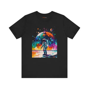An astronaut in a vibrant background, Unisex Jersey Short Sleeve Tee