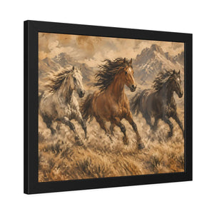 Framed paper poster – wild horses running through mountain landscape - posters
