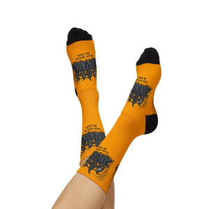 Witches Graphic Socks — Yellow Sublimation Crew Socks with “Girls will be girls” Design
