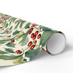 Holiday Holly Wrapping Paper Roll — Vintage Green & Red Mistletoe Pattern