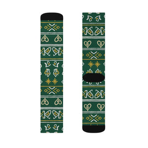 Green Nordic Heart Pattern Sublimation Socks — Festive Holiday Crew Socks
