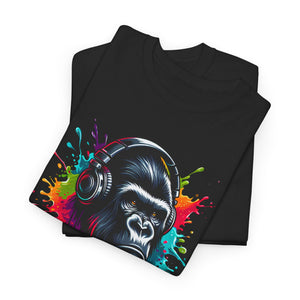 A Gorilla with a headphones with splashes of color, Unisex Heavy Cotton Tee
