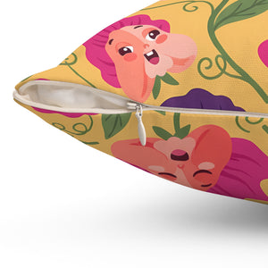 Floral Pansy Face Decorative Pillow — Cheerful Yellow Botanical Throw Pillow