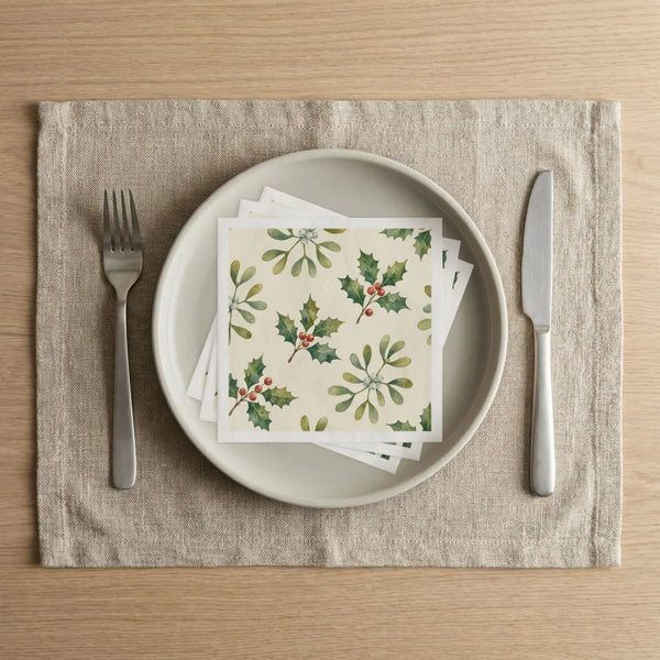 Holiday Holly & Mistletoe Napkins — Christmas Party Paper Napkins