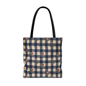 Gingham Rose Tote Bag — Vintage Navy Check Floral All-Over Print Tote