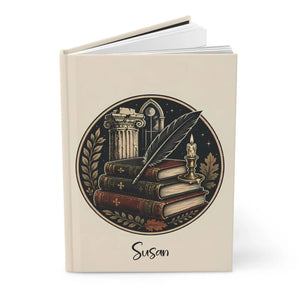 Vintage Bookish Hardcover Journal — Personalized Lined Notebook with Quill & Candle