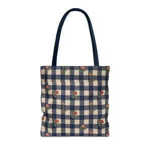 Gingham Rose Tote Bag — Vintage Navy Check Floral All-Over Print Tote