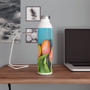 Tulips on blue Slim Water Bottle