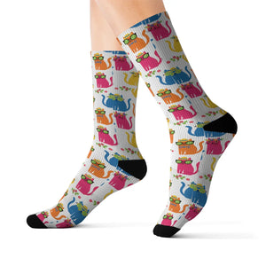 Colorful Cat Pattern Sublimation Socks — Cute Novelty Crew Socks for Cat Lovers