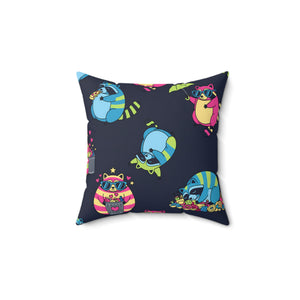 Cute Neon Raccoon Pattern Square Pillow — Colorful Cartoon Accent Cushion