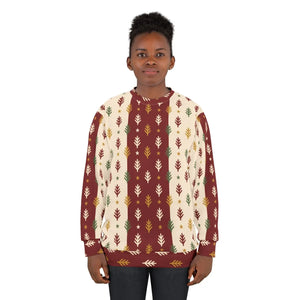 Small hand-drawn conifers forming the repeating pattern of this DipaliZ sweatshirt