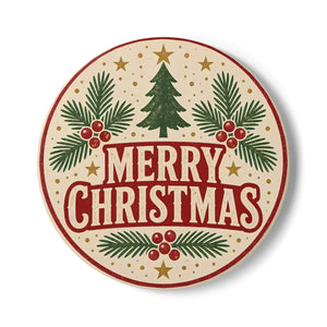 Merry Christmas Ceramic Coaster — Retro Holiday Pine & Holly Drink Protector