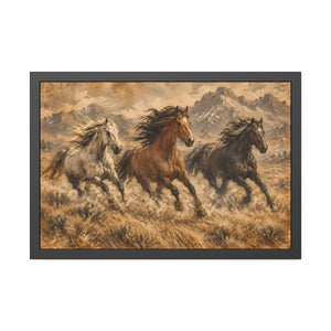 Framed paper poster – wild horses running through mountain landscape - posters