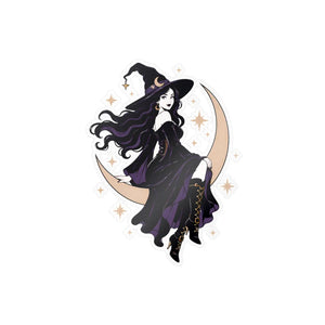 Mystical witch on crescent moon kiss-cut vinyl decal - home decor decals