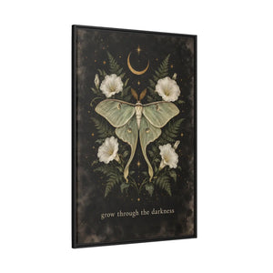 Framed canvas wall art luna moth “grow through the darkness” botanical decor - printable