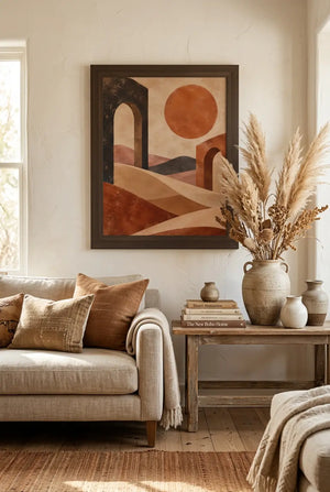 Framed Vertical Poster — Desert Arch Abstract Print (Warm Terracotta Sun)