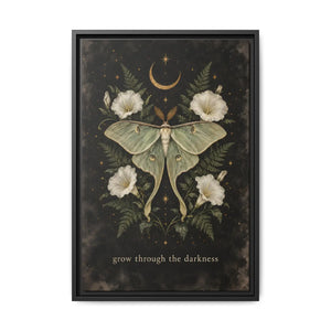 Framed canvas wall art luna moth “grow through the darkness” botanical decor - printable