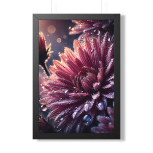 Chrysanthemum with dew drops framed vertical poster - posters