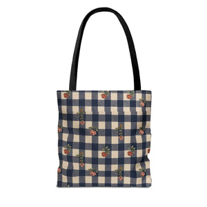 Gingham Rose Tote Bag — Vintage Navy Check Floral All-Over Print Tote