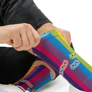 Rainbow Cat Socks - Colorful Sublimation Crew Socks with Cute Cat Faces