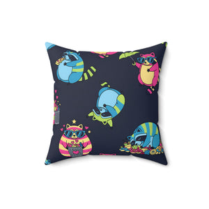 Cute Neon Raccoon Pattern Square Pillow — Colorful Cartoon Accent Cushion