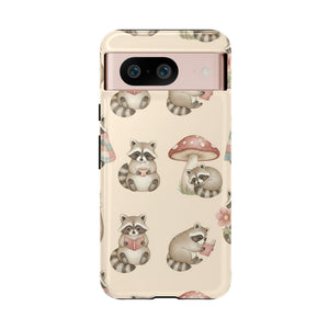 Cute Raccoon Pattern Phone Case – Beige Mushroom & Floral Tough Cases