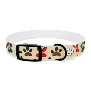 Paw Print Dog Collar — Colorful Red, Teal & Brown Paw Pattern