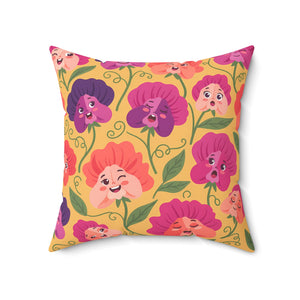 Floral Pansy Face Decorative Pillow — Cheerful Yellow Botanical Throw Pillow